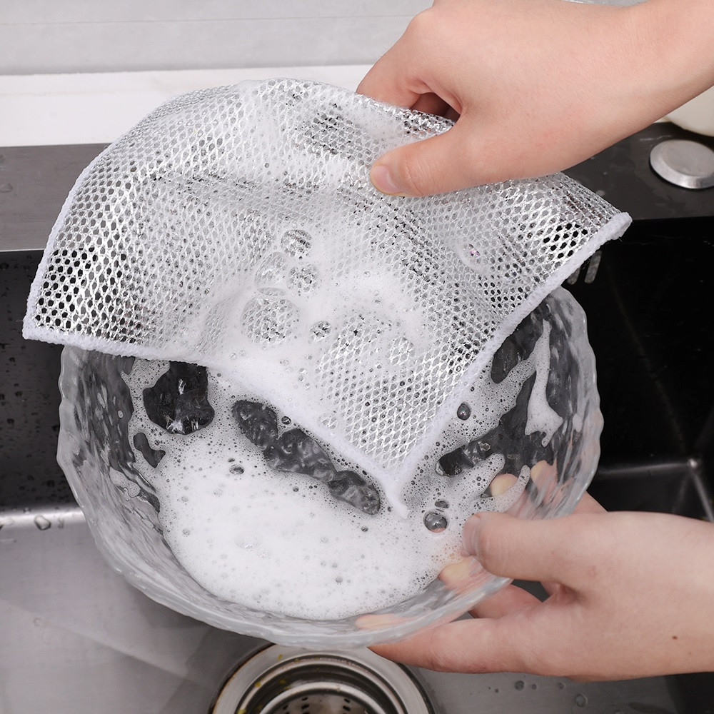Magic Dish Towel Reusable Non Stick Oil Dishcloth Pot Strong Rust Removal Steel Wire Towel- 2 pcs Silver Cleaning Cloth