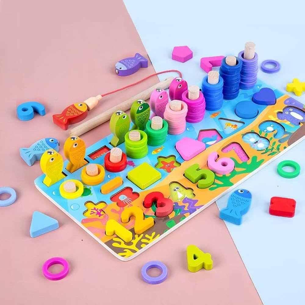 6 in 1 Logarithmic Board- Activity Toys- Color, Count, Fishing, Shape, Number and Basic Math
