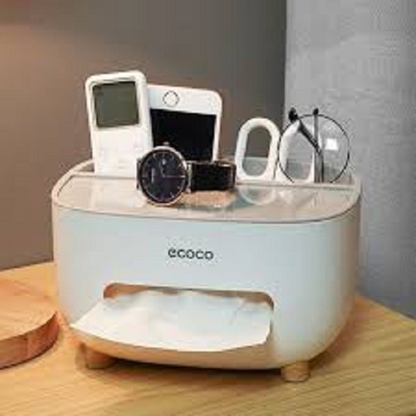 ECOCO Tissue Box Cover Holder with Storage, Multi-Function Tissue Box ABS Material Storage Organizer Caddy.
